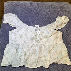 Hollister White and Green Floral Blouse